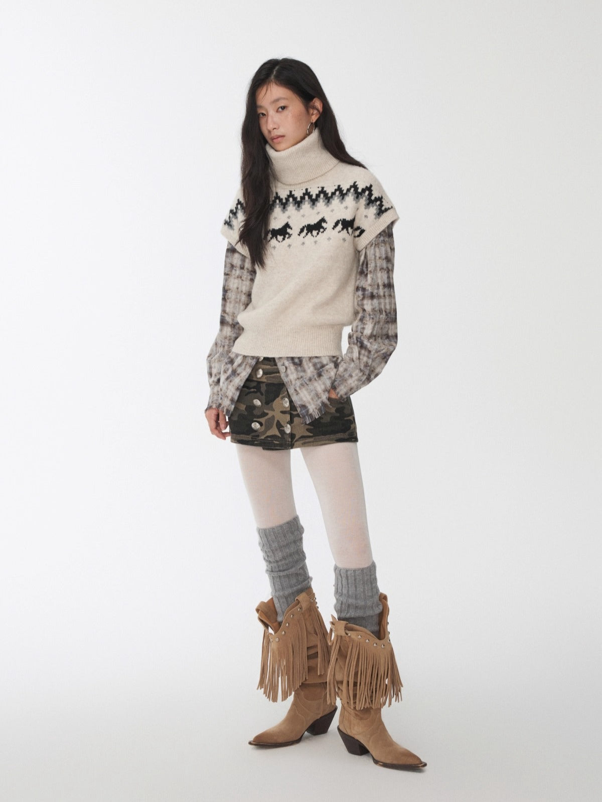 Fair Isle Pony Jacquard Turtleneck Knit Sweater