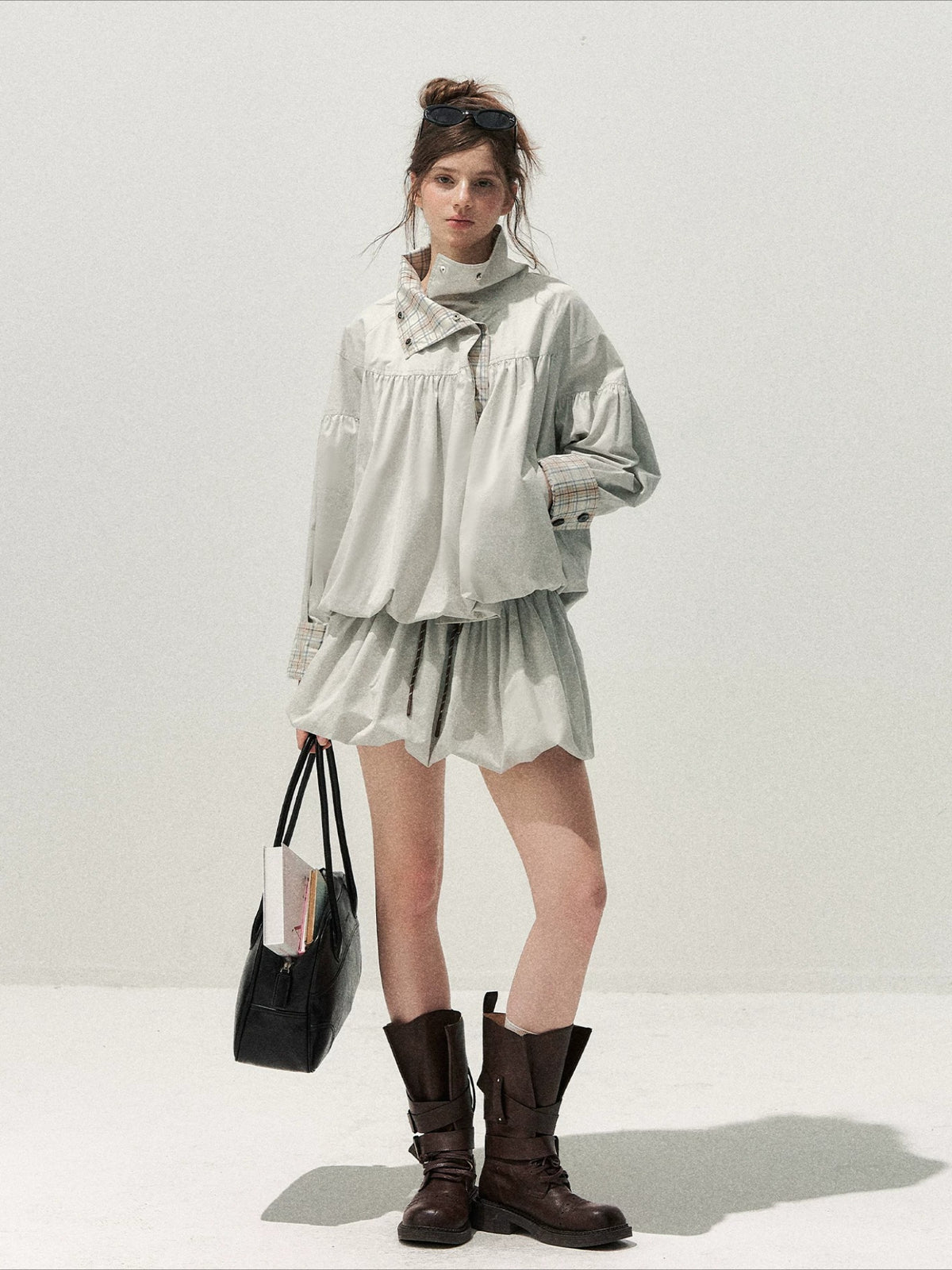 Blue Gray Plaid Trench Coat Set