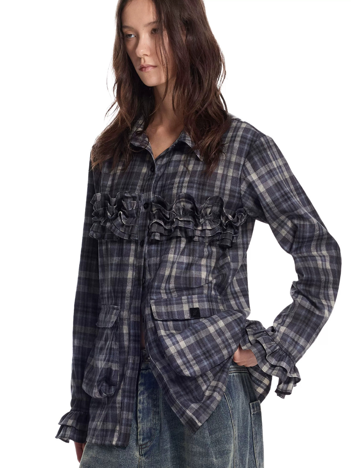 Brushed Plaid Ruffle Pocket Shirt