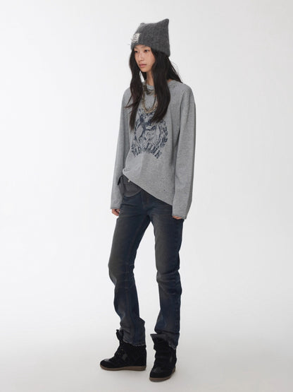 Distressed Cat Graphic Long Sleeve Cotton T-shirt
