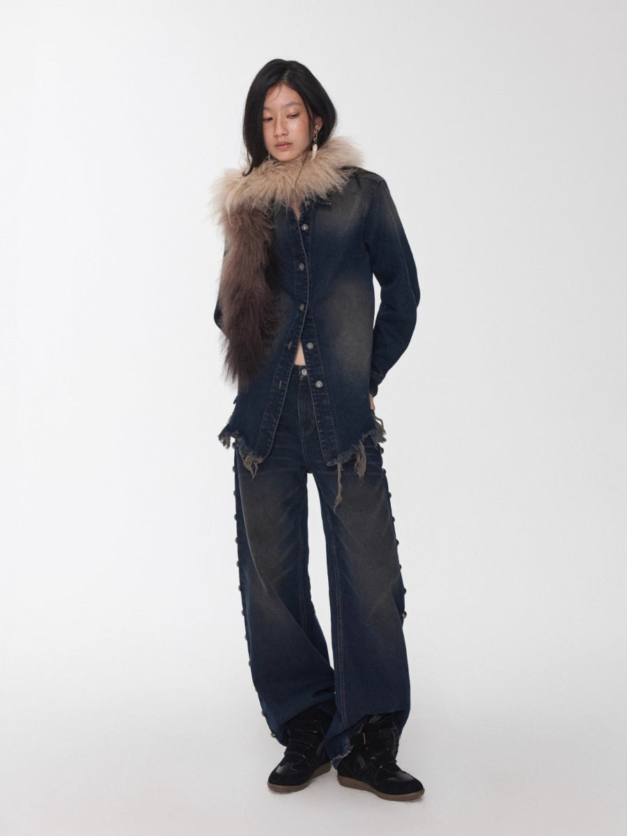 Mud-Dyed Washed Studded Straight-Leg Jeans
