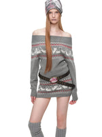 Fair Isle Cat Off-Shoulder Sweater
