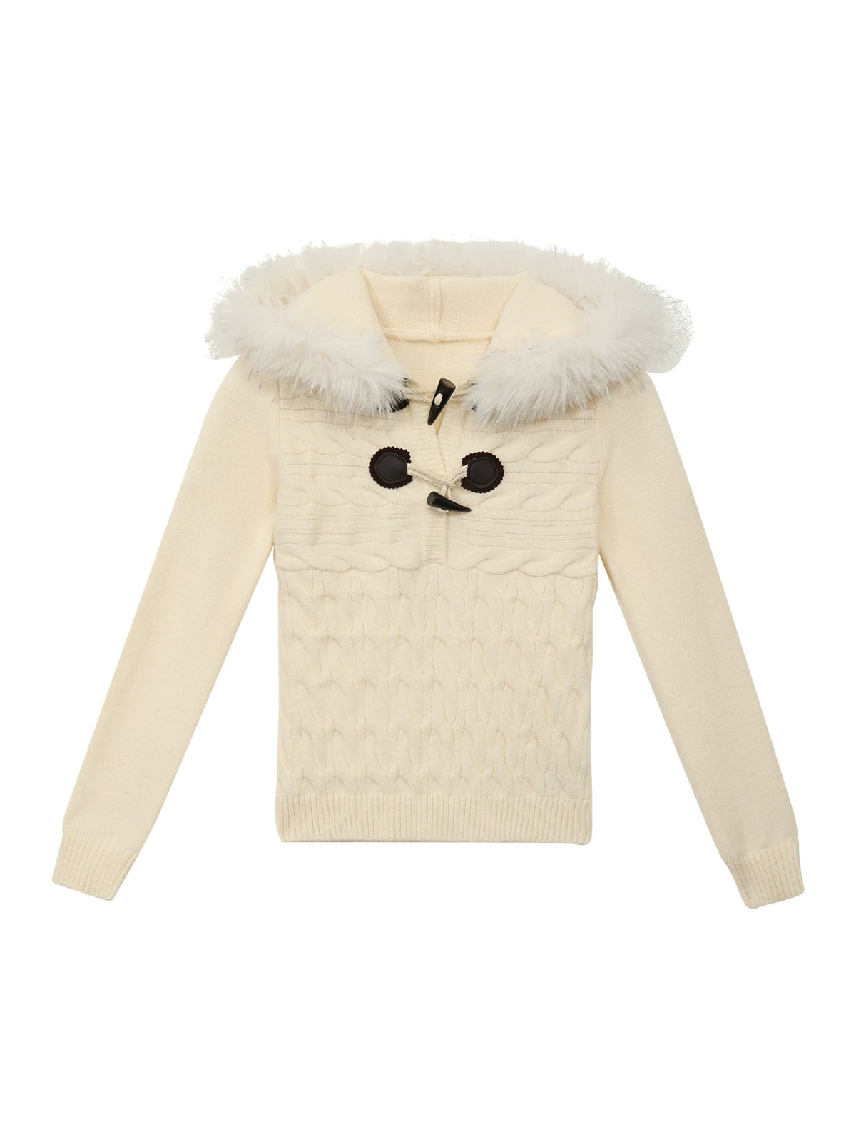 Fur-Trimmed Hooded Toggle Cable-Knit Sweater