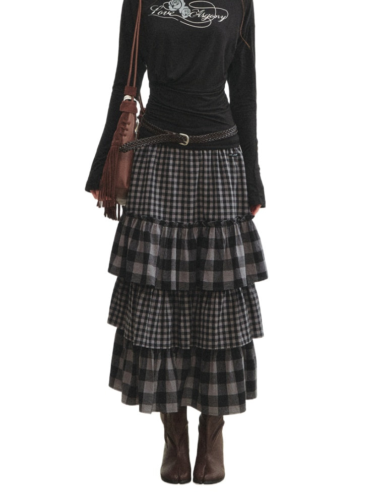 Plaid Patchwork Lace Waist Layered Cake Skirt