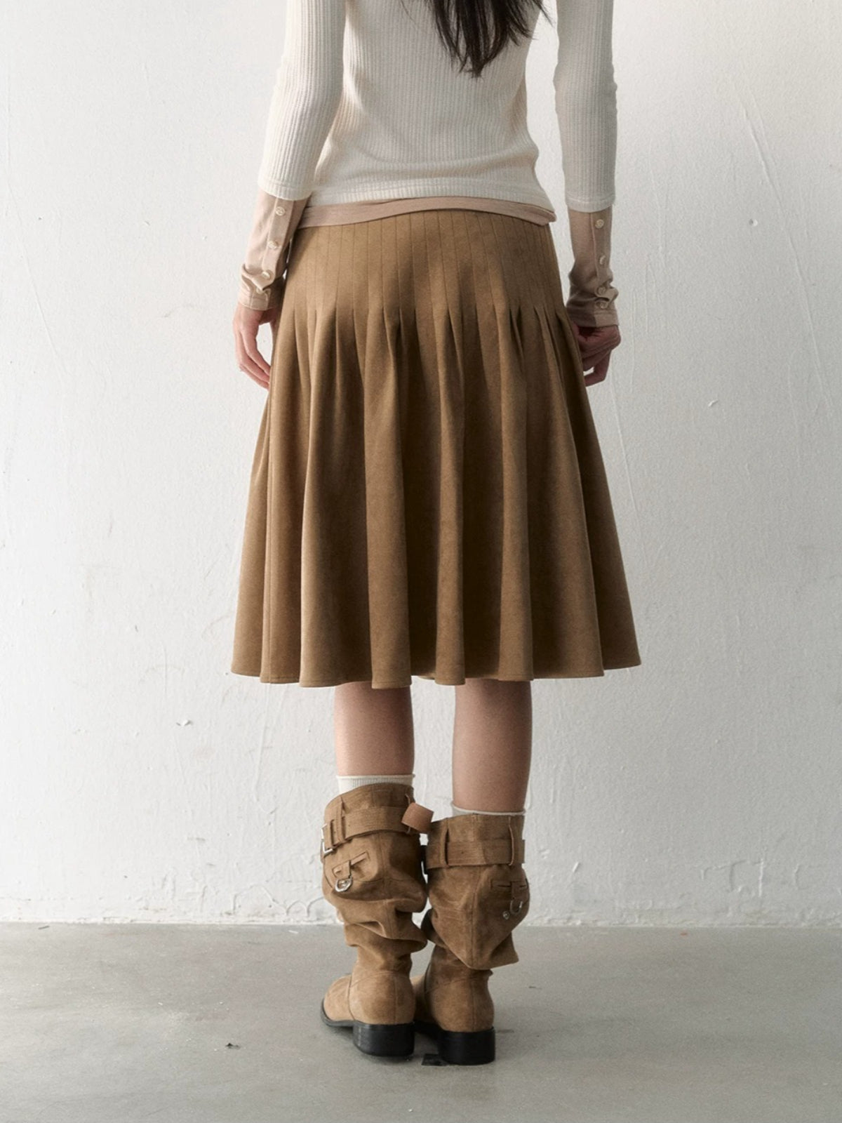 Side-Button Faux Suede Pleated Skirt
