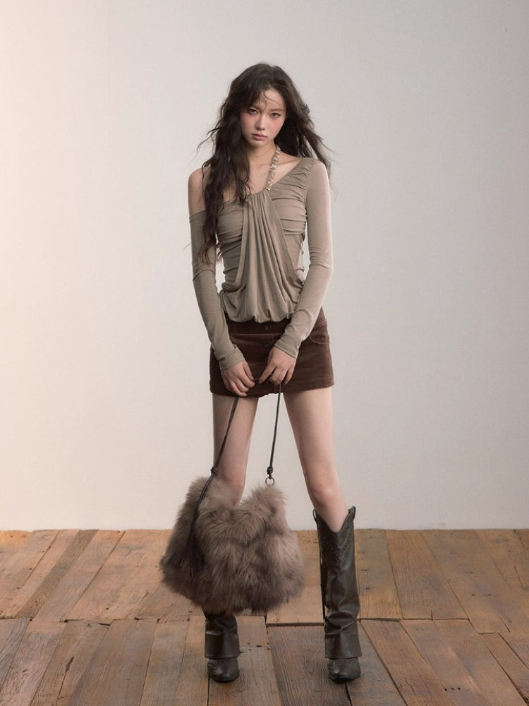 Asymmetric Off-Shoulder Faux Two-Piece T-shirt
