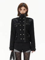 Black Double-Breasted Stand Collar Biker Jacket