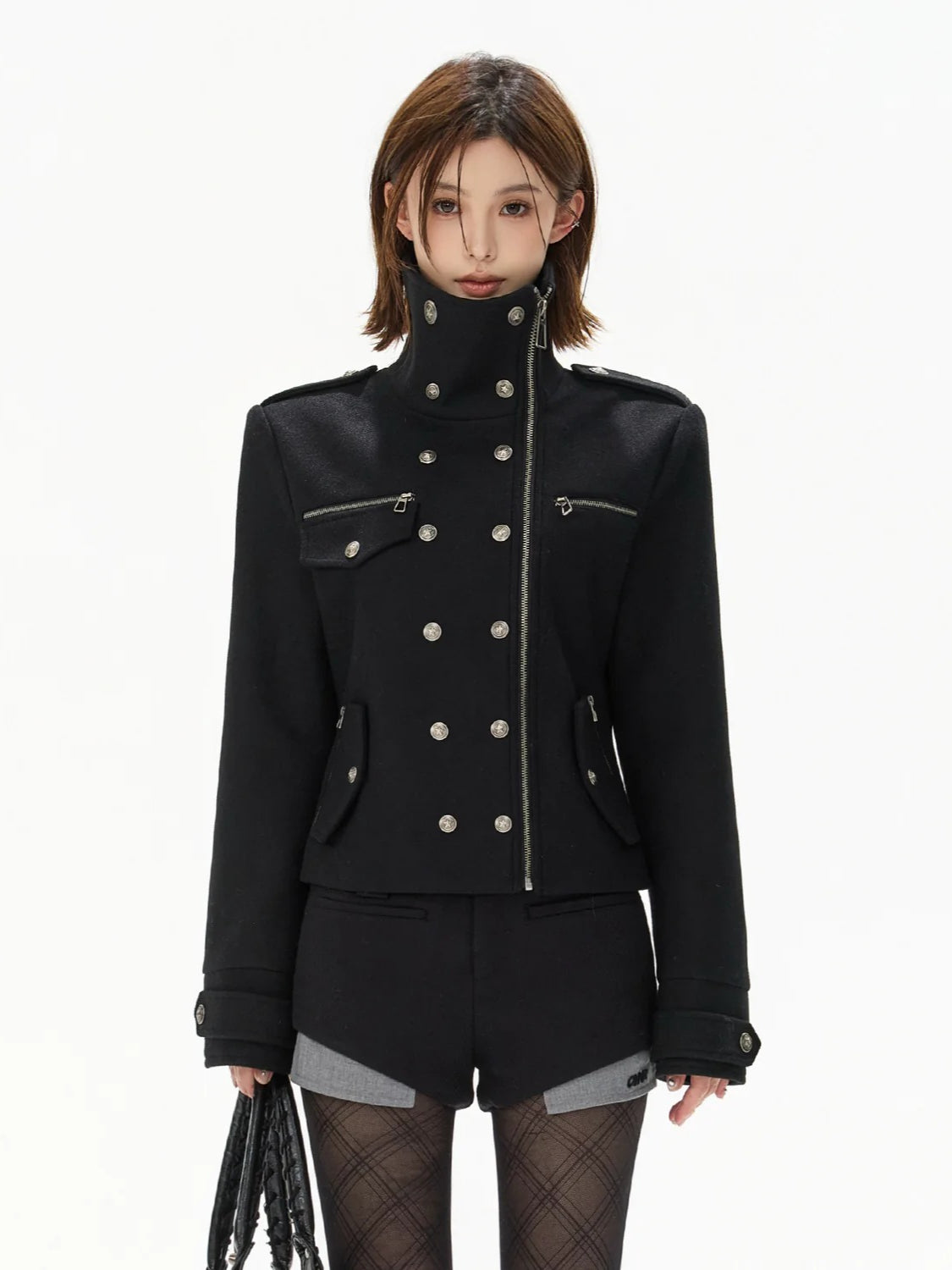 Black Double-Breasted Stand Collar Biker Jacket