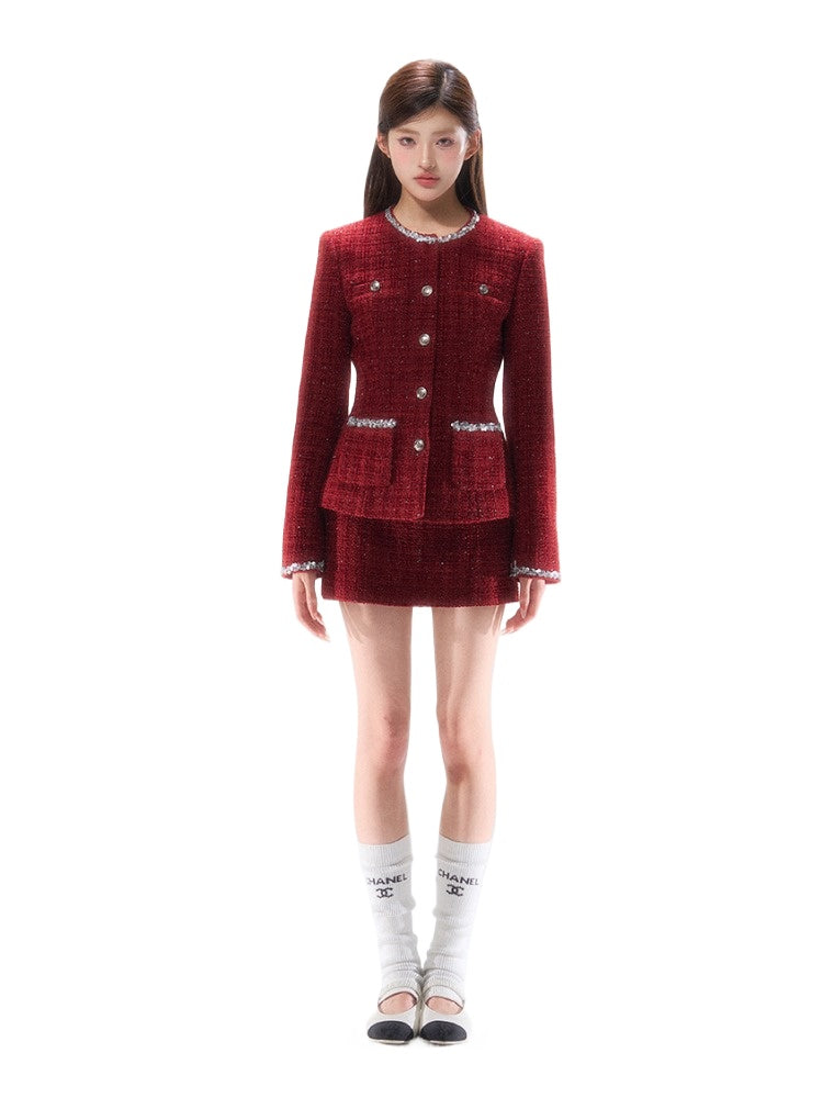 Metallic-Tweed Cinched Jacket Low-Rise Skirt Set