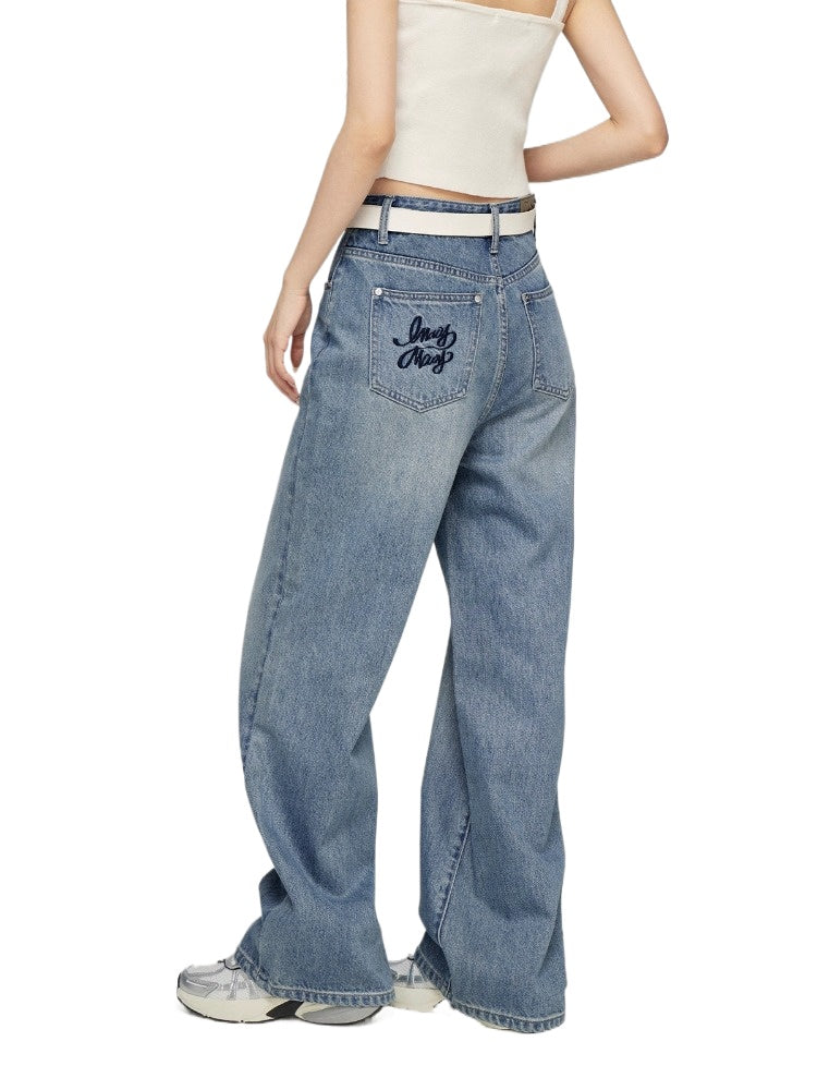Letter Embroidery Denim Wide-Leg Pants