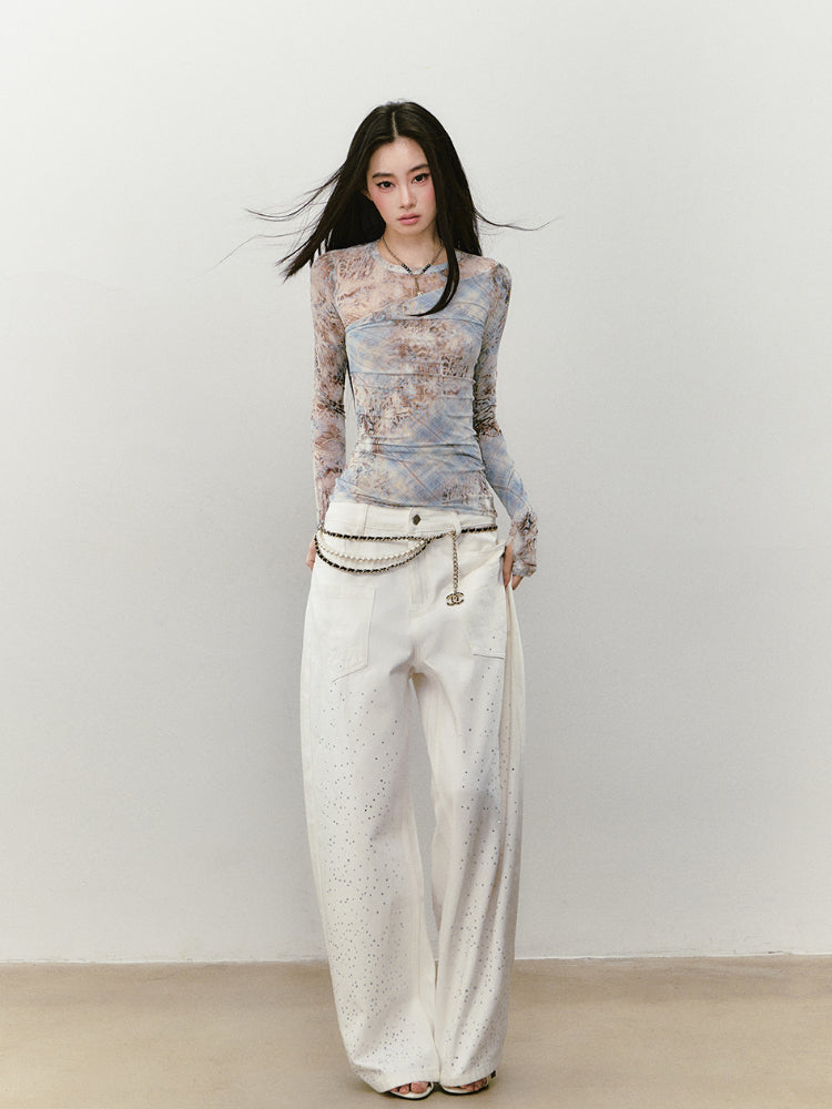 Printed Mesh Contrast-colored Long-sleeve T-shirt