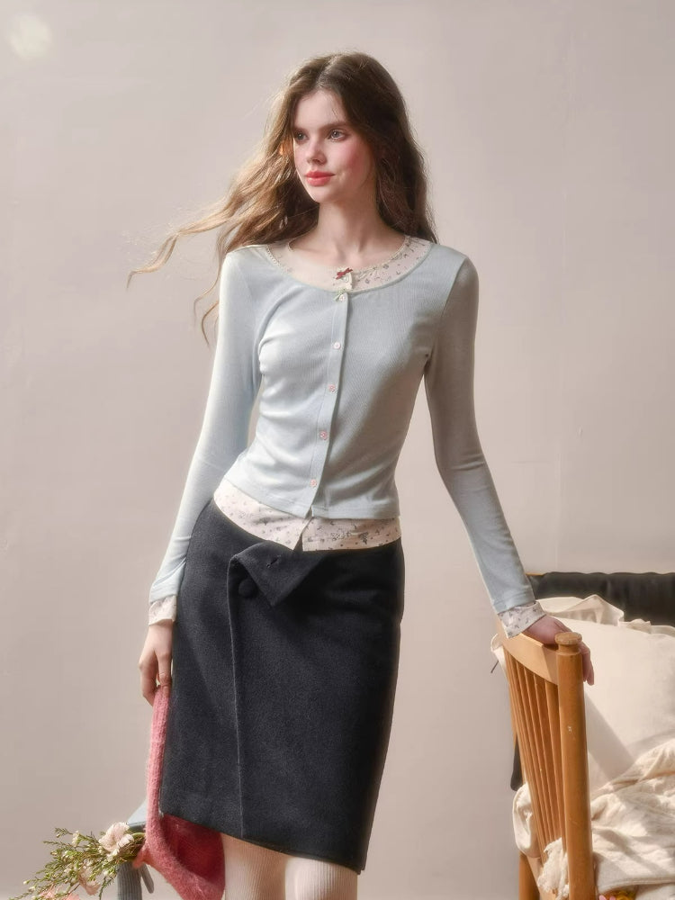 Faux Two-Piece Printed Cardigan