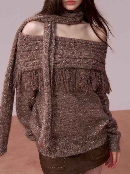 Fringed Off-shoulder Wool Sweater &amp; Scarf Set