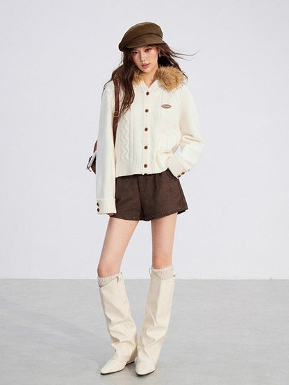 Cable Knit Fur-Collar Hoodie