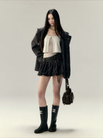 Hooded Waist Cinching Double-Breasted Blazer