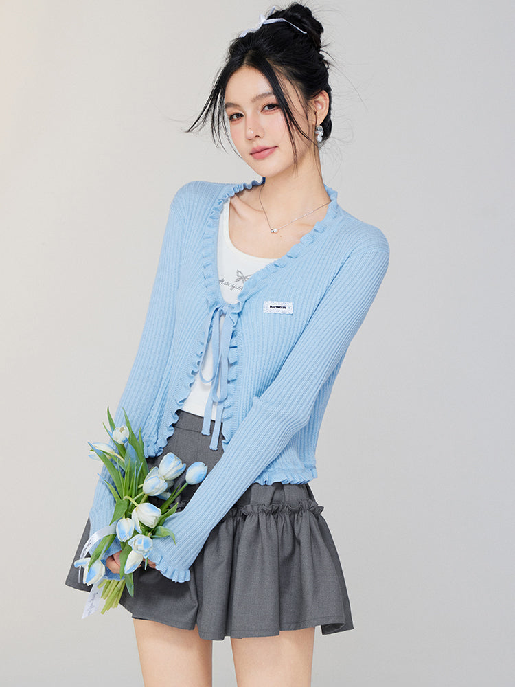 V - neck Ruffled Tie - front Knit Cardigan