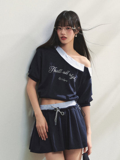 Grey Asymmetric Shoulder Striped Patchwork Short-Sleeve &amp; Skirt Set
