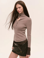 Contrast Cuff Button Neck Sweater
