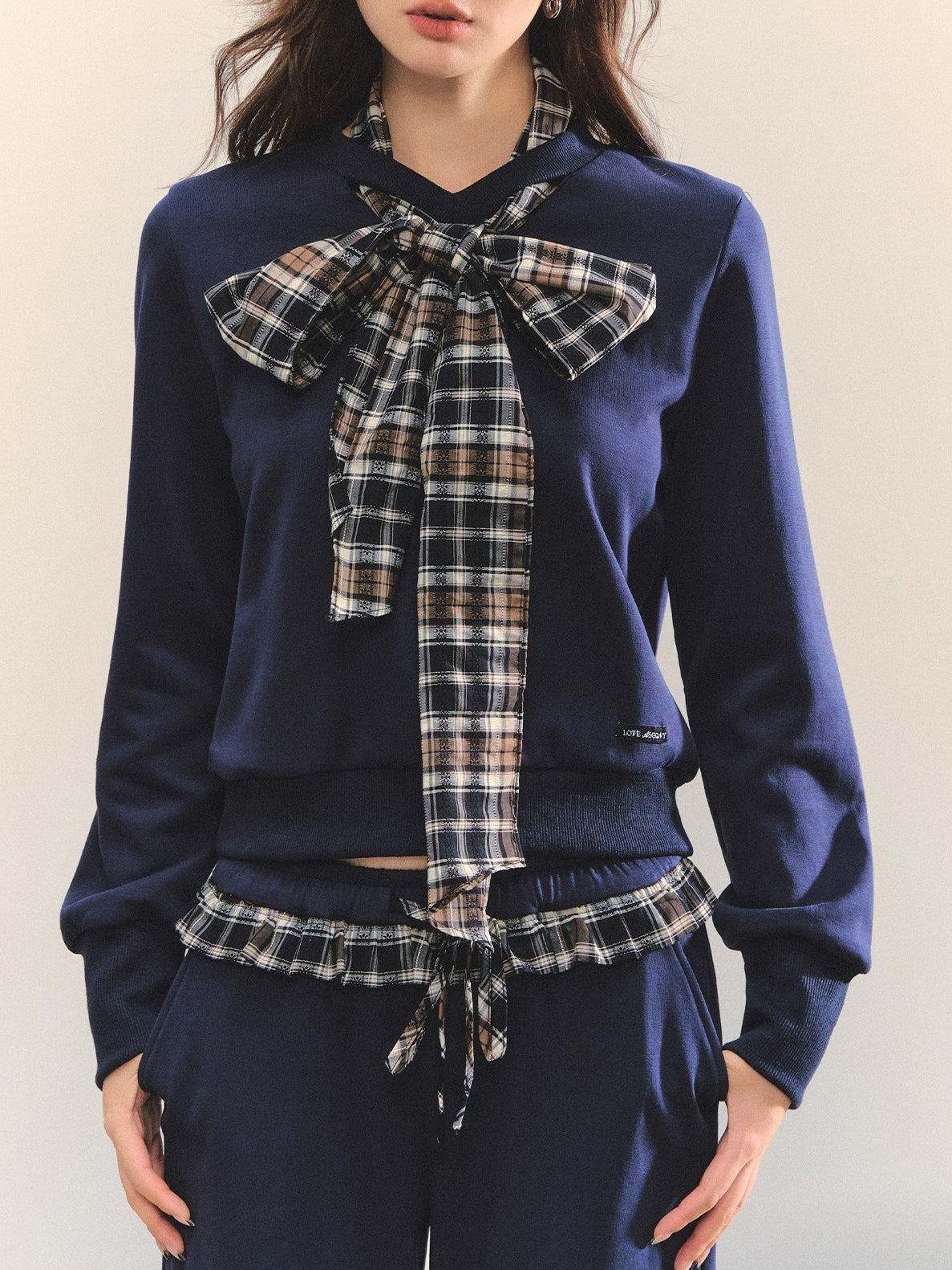 Navy Blue Plaid Bow-Tie Sweatshirt &amp; Pants Set