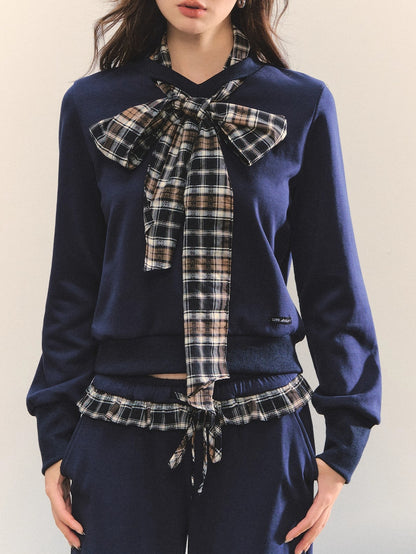Navy Blue Plaid Bow-Tie Sweatshirt &amp; Pants Set