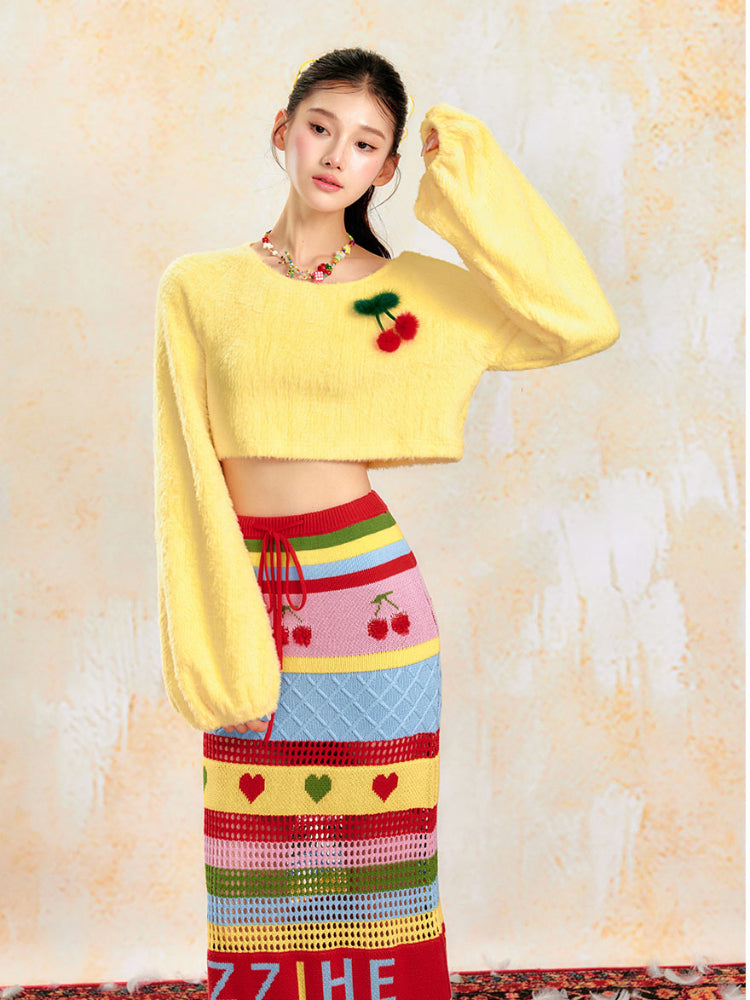 Soft Yellow Off-Shoulder Knit Sweater &amp; Skirt Set