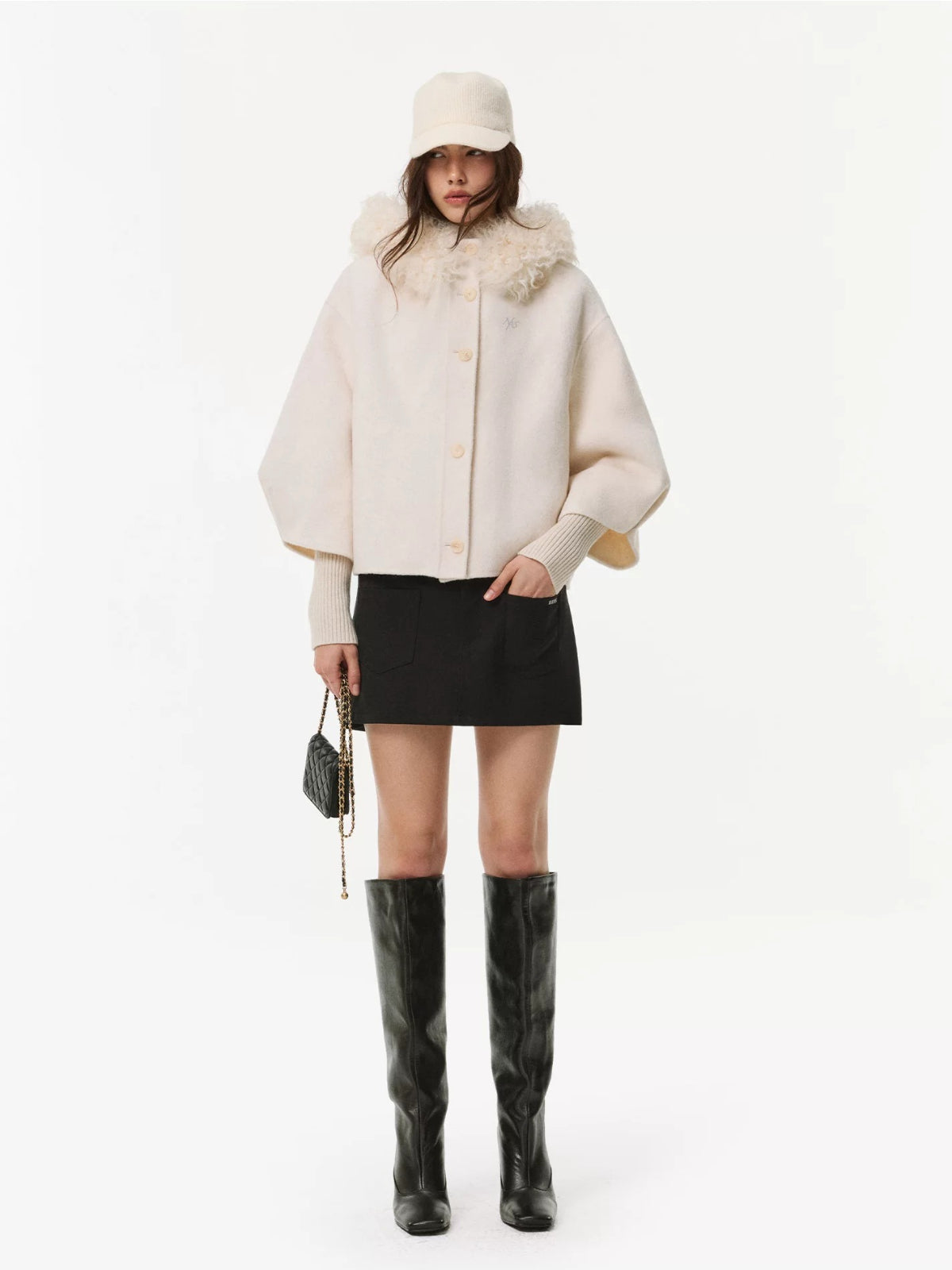 Shearling Collar Wool Cashmere Cape Coat