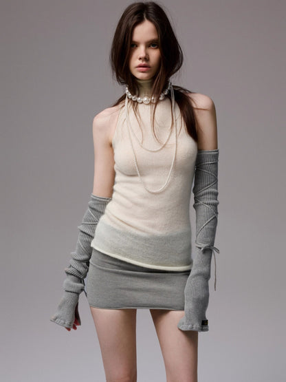 Solid Mohair High-Neck Sleeveless Vest