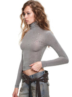 Rhinestone Lyocell Wool Turtleneck Top