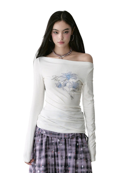 White &amp; Navy Off-Shoulder Printed Blouse