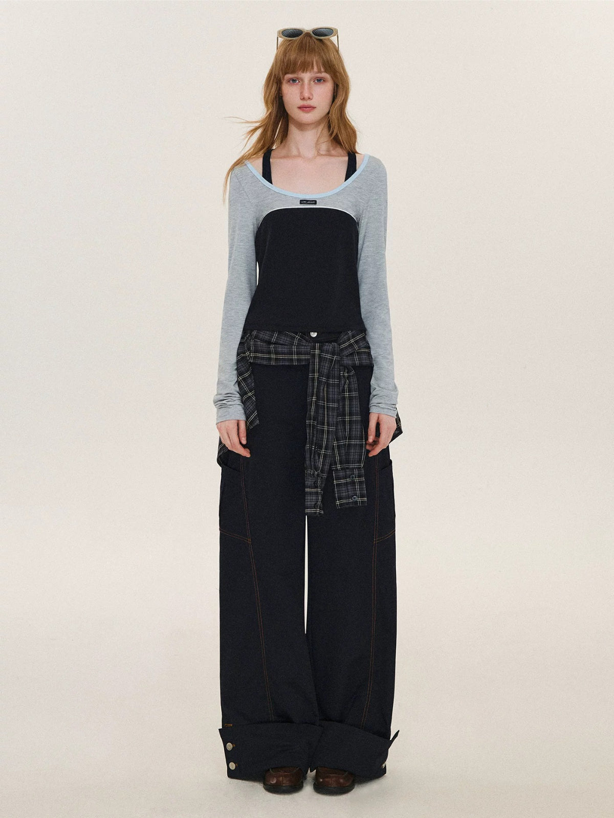 Detachable Plaid Cargo Wide Leg Pants