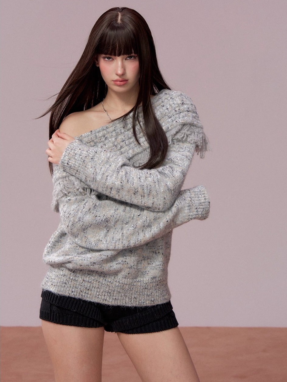 Fringed Off-shoulder Wool Sweater &amp; Scarf Set