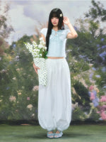 Light Blue Tie Bubble Sleeve Blouse