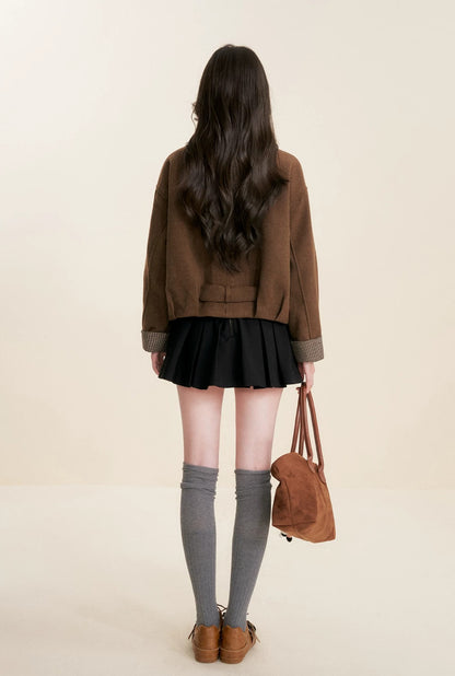 Plaid Trim Belted Coat