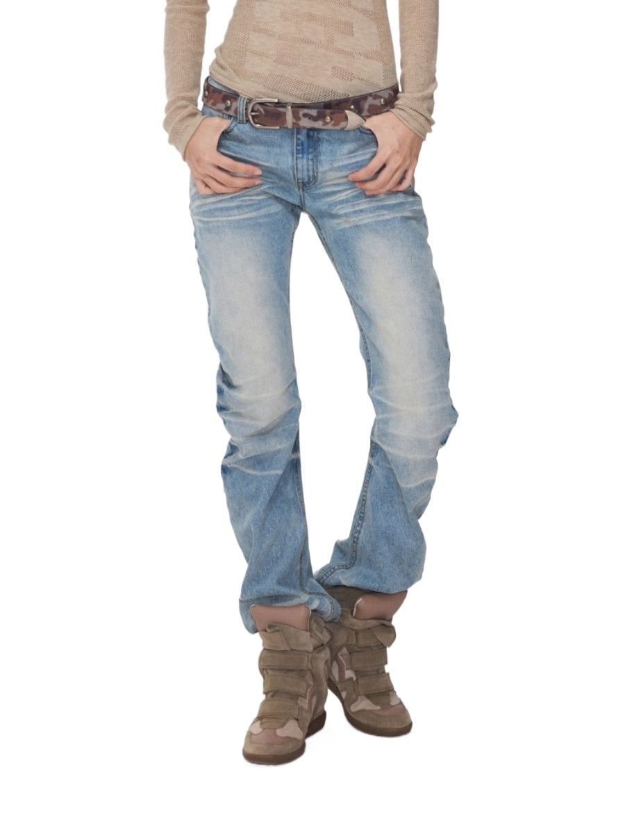 Vintage Pleated Washed Denim Curved Jeans