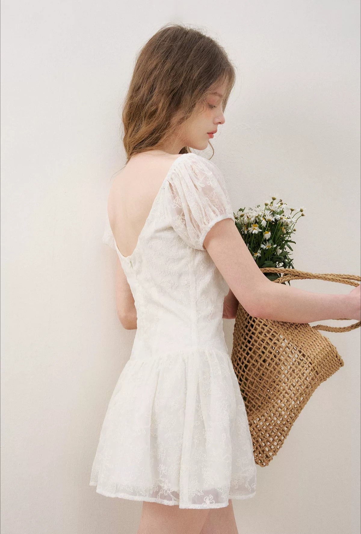 Apricot Floral Embroidered Puff Sleeve Dress