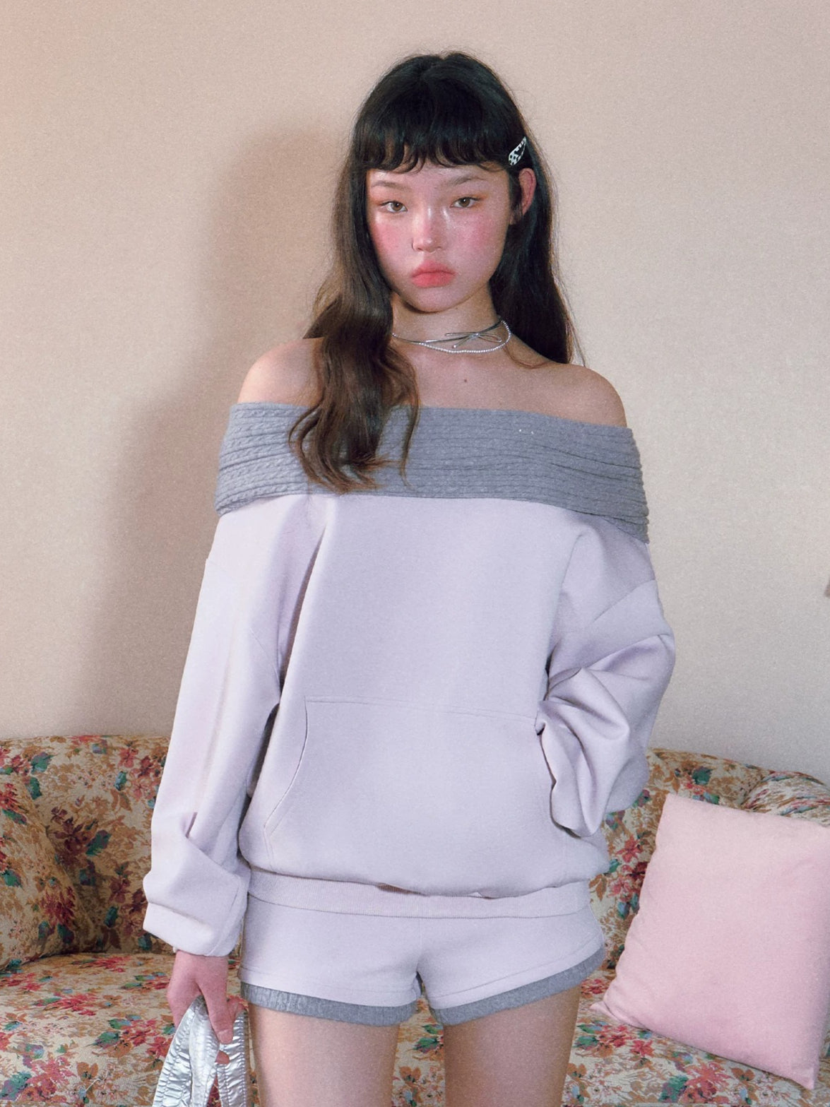 Pink Foldover Off-Shoulder Sweatshirt