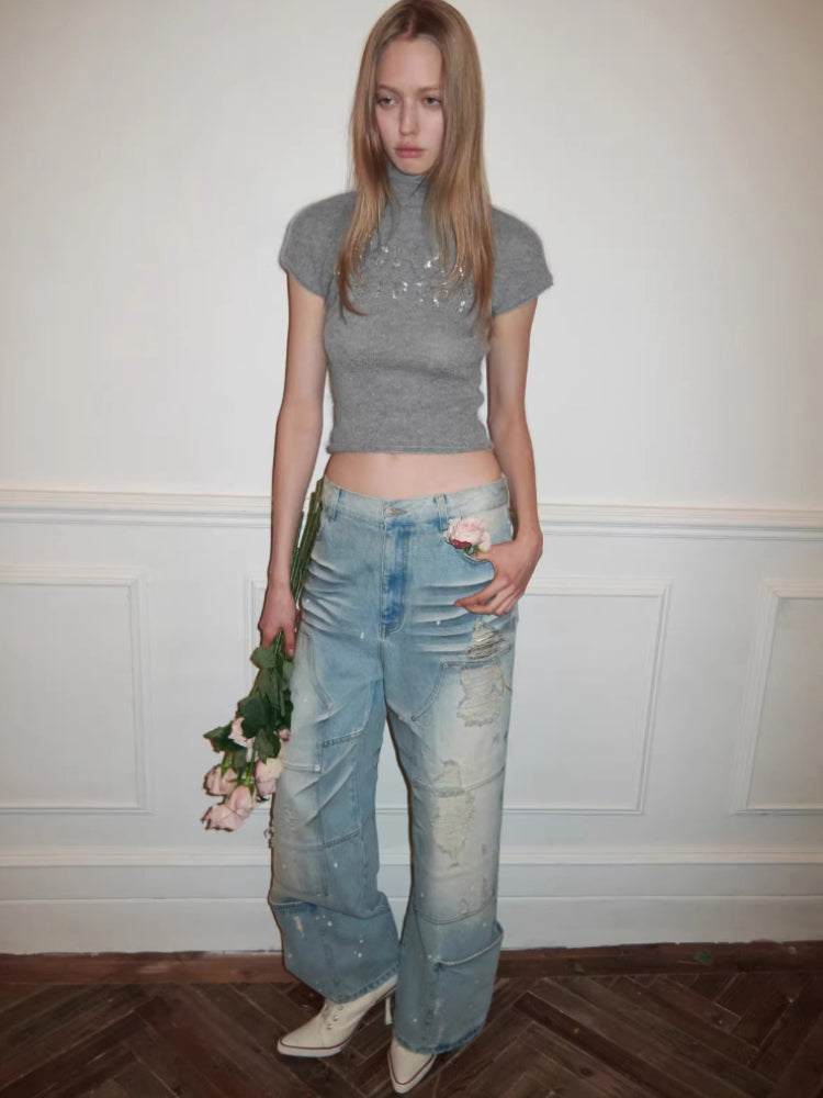 Washed Denim Straight Pants