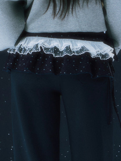 Navy Blue Star Lace Pleated Straight-leg Pant Set