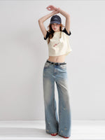 Washed Distressed Wide-Leg Jeans