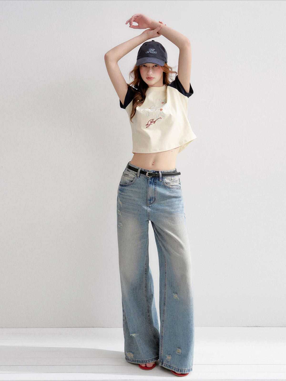 Washed Distressed Wide-Leg Jeans
