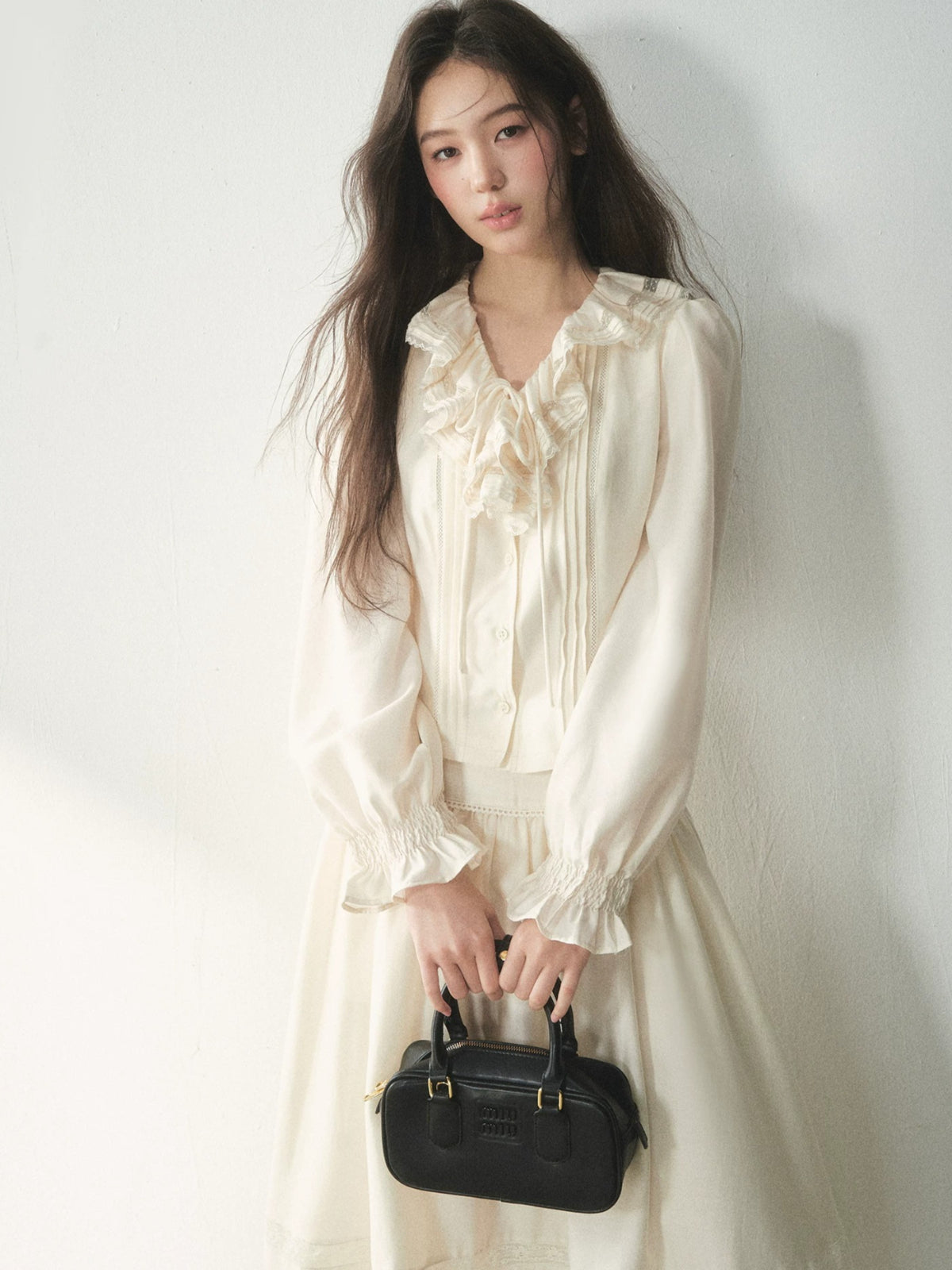 Vintage Ruffle Lace Shirt &amp; Skirt Set