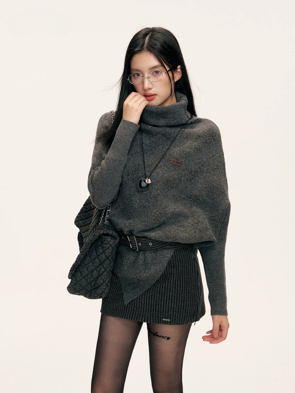 Asymmetric Turtleneck Batwing Sleeve Sweater