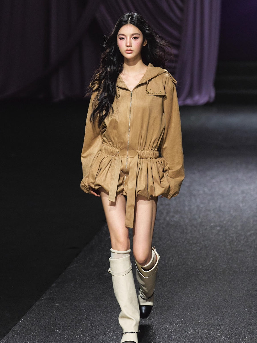 Studded Suede Hooded Trench Coat