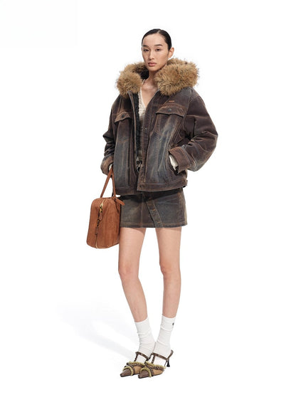 Ross Oversized Washed Eco Fox Fur Collar Denim Jacket