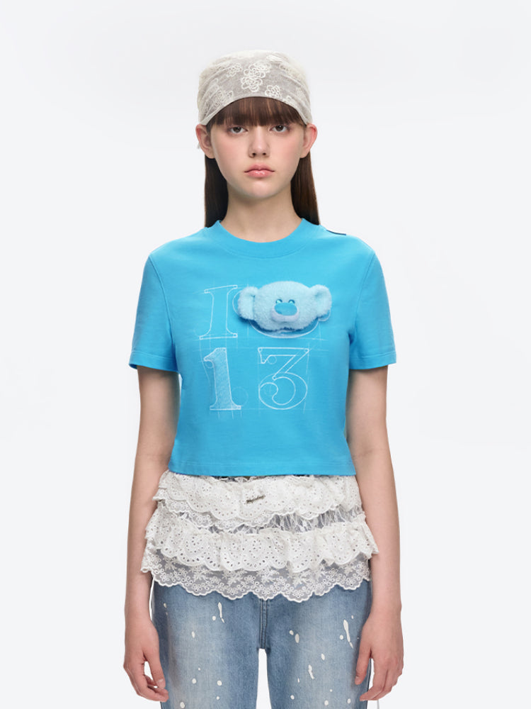 Detachable Semi-three-dimensional Bear Illustration T-shirt