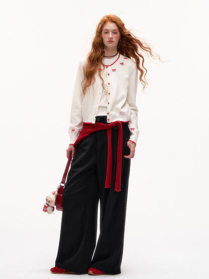 Bow Jacquard Contrast Knit Cardigan