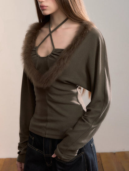 Fox-Trim Halter Knit Top