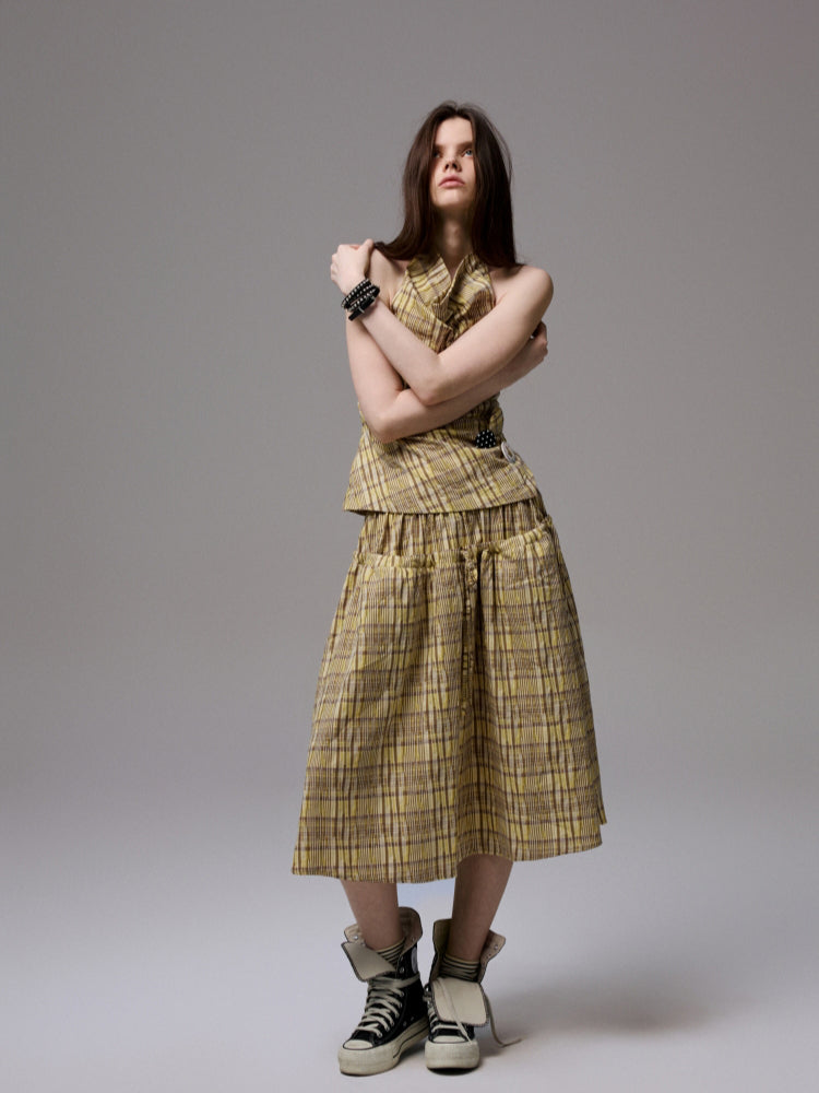 Plaid Halter Neck Backless Tank Top &amp; Midi Skirt Set