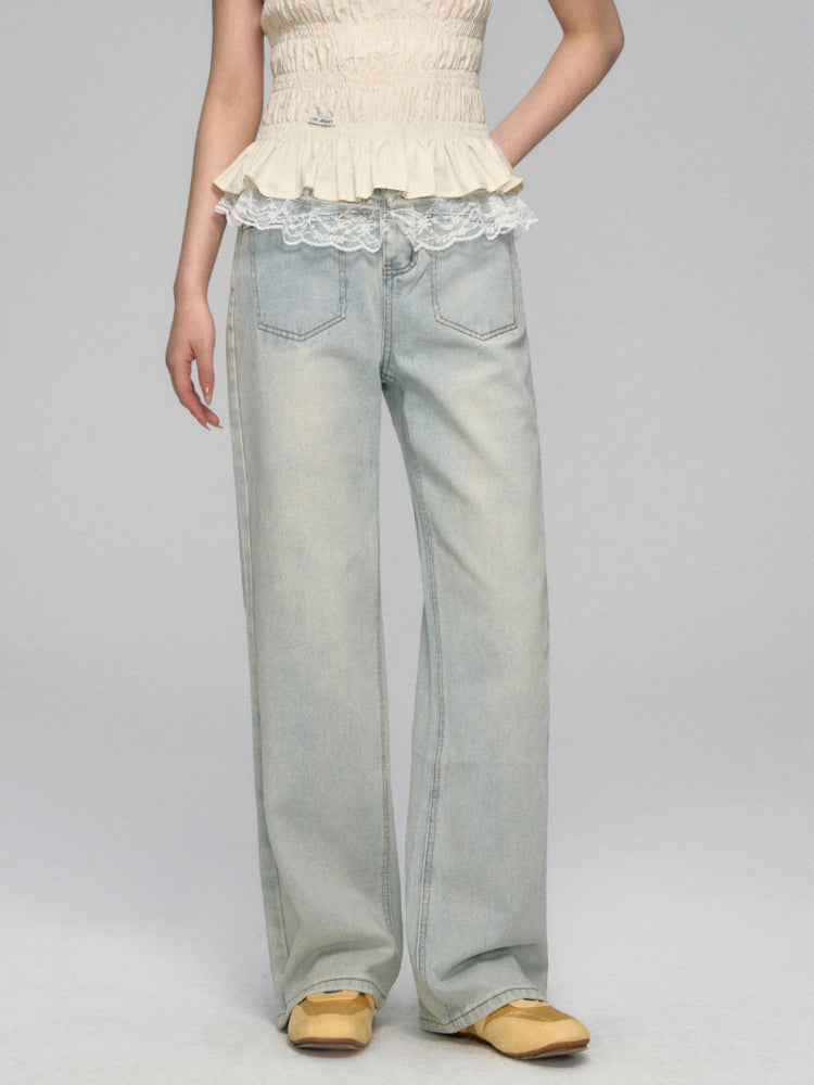 Lace-Trimmed Washed Straight-Leg Jeans Set