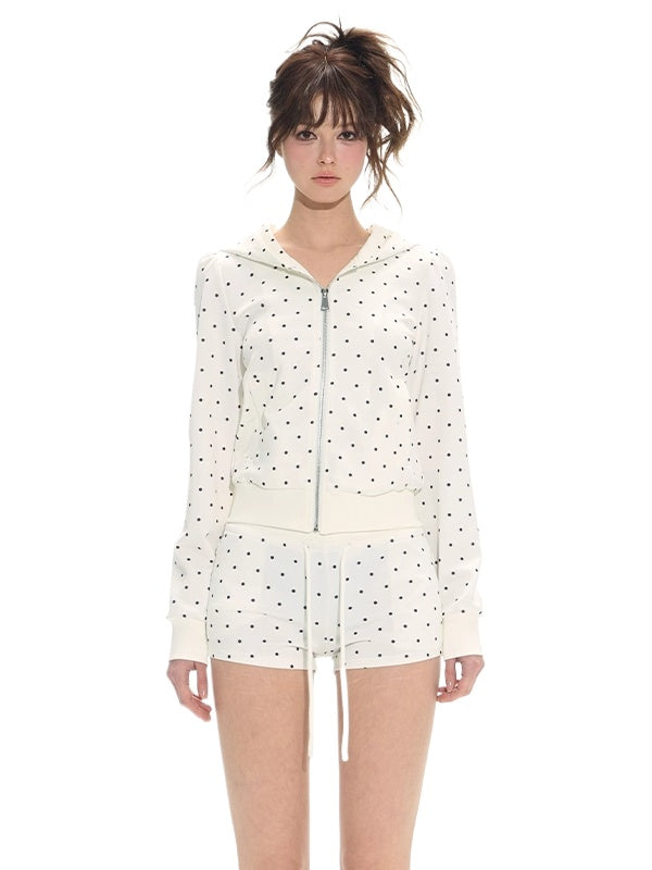 Polka Dot Slim Hoodie &amp; High-Waist Shorts Set